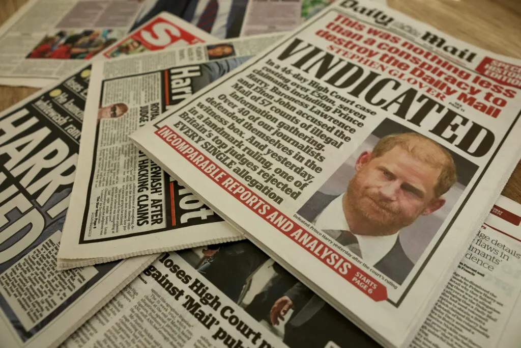 A montage of British newspapers covering the High Court verdict in Prince Harry’s case, July 8, 2026